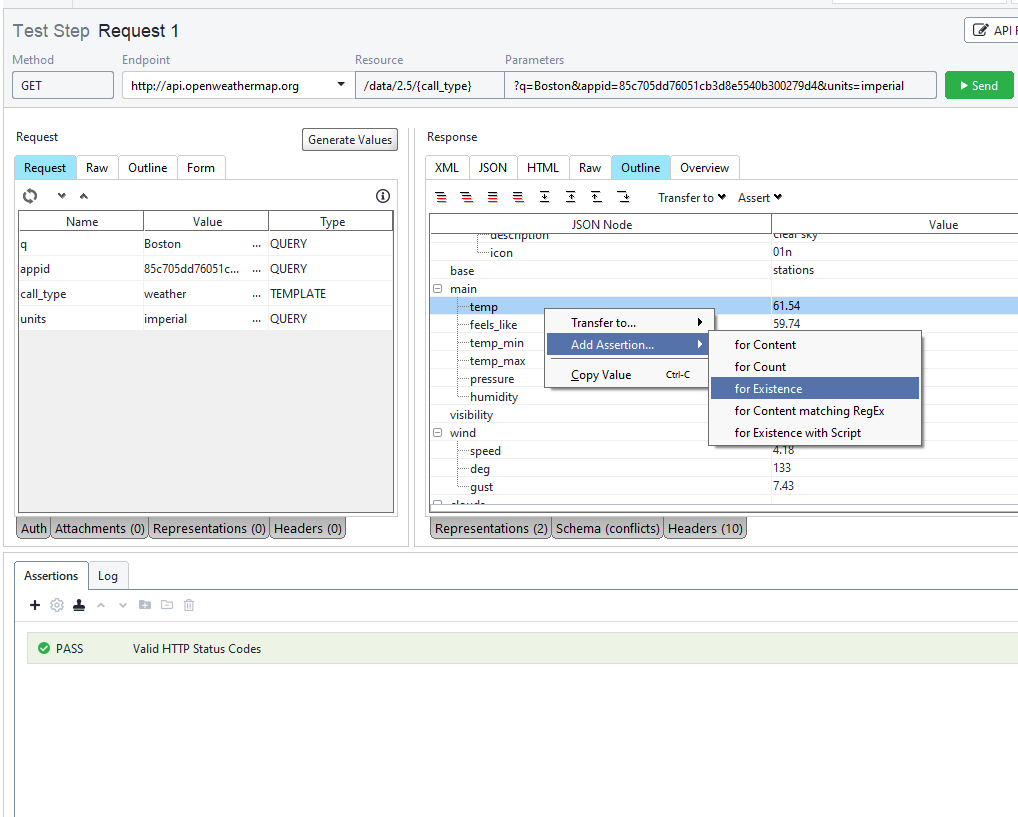 ReadyAPI interface showing no-code complex assertion logic for API tests